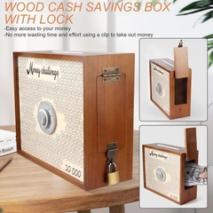 10000 Savings Challenge Box with Lock, Large Wooden 10k Money Saving Box Save…