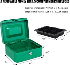 Medium Cash Box with Key Lock – Durable Metal Cash Box with Money Tray, Green…
