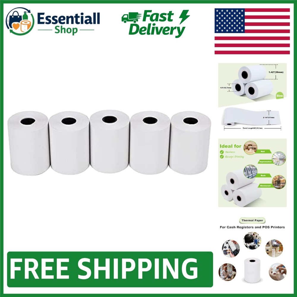 5-Roll Pack of 2 1/4″ x 50′ Thermal POS Receipt Paper – Lightweight & Reliable