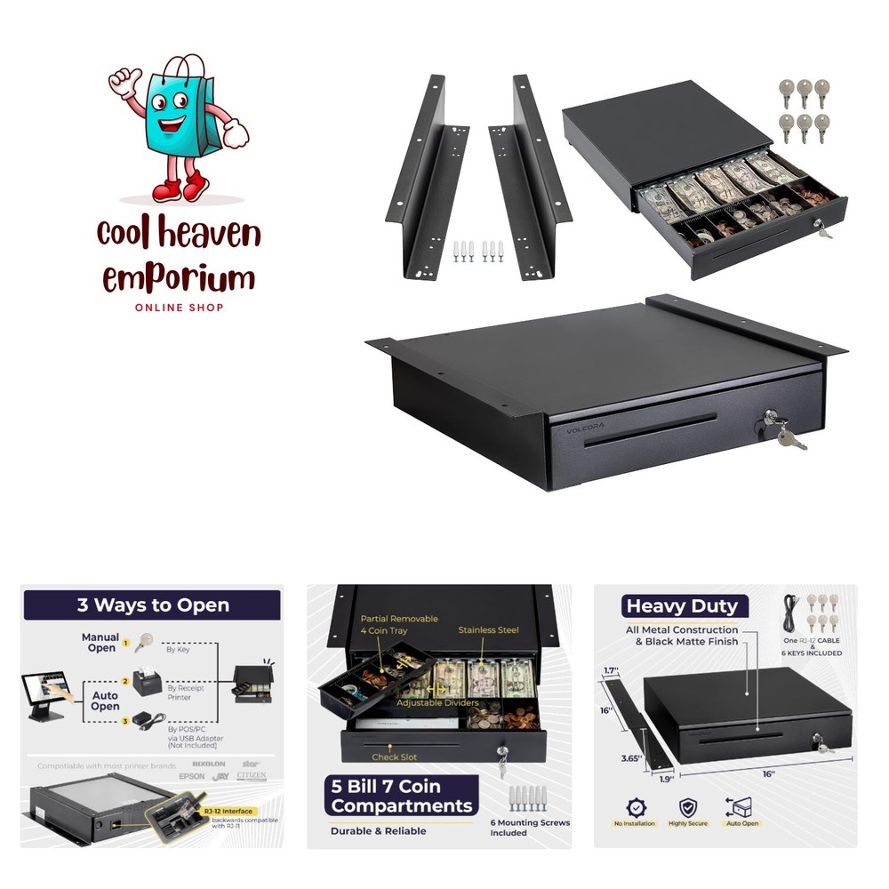 Cash Register Drawer with Under Counter Mounting Metal Bracket – 16″ Black Ca…
