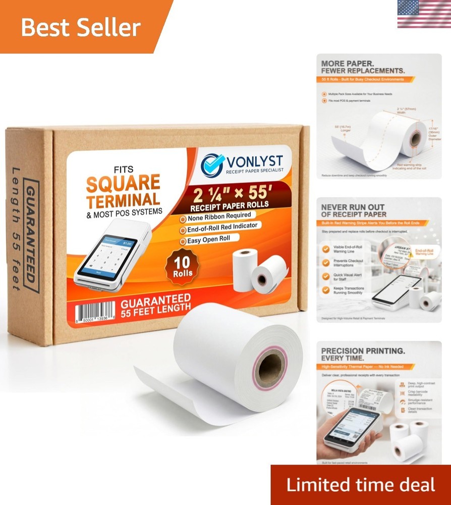 Square Terminal Paper Rolls 2 1/4″ x 55′ – BPA Free Thermal Receipt Paper for…
