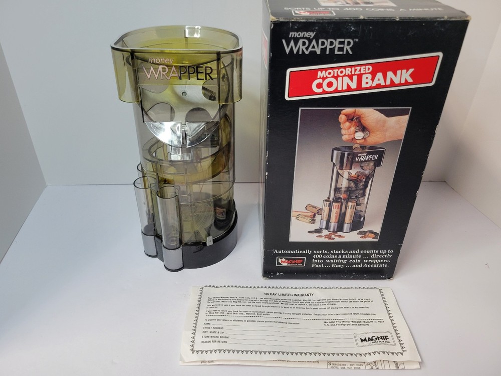 VTG MAGNIF Money Wrapper Motorized Coin Bank Made in USA 1994 AS SEEN ON TV