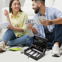 Cash Box with Key Lock: anti Theft Safe Lock Box with Money Tray 4 Bill 5 Coin I