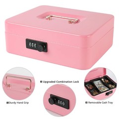 Pink Steel Cash Box with Combination Lock Large Money Safe 9.84×7.87×3.54