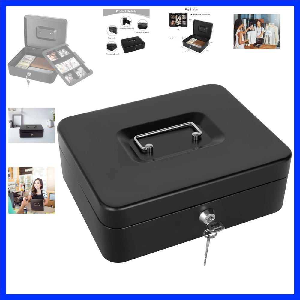 Cash Box with Lock and Money Tray Metal Money Box Large Cash Lock Box for Mon…