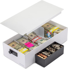 Cash Box Money Organizer, 15×7.5×4 Inches, 5 Compartments, Coin Tray