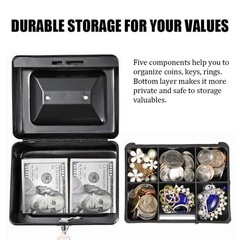 Small Black Metal Key Lock Cash Box Money Tray Security 6×4.8×3 Inch
