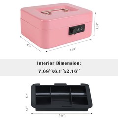 Steel Cash Box Safe Combination Lock Removable Coin Tray 7.87×6.3×3.54 Pink