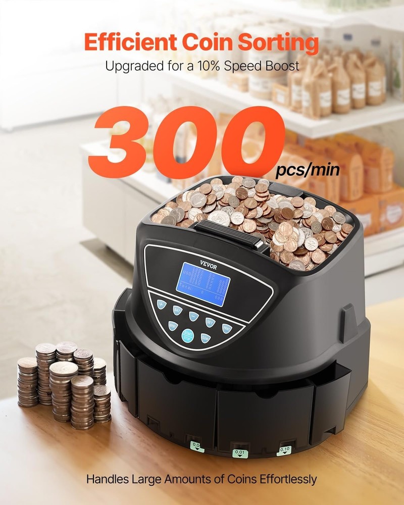Electronic USD Coin Counter & Sorter Machine up to 300 Coins/Min VEVOR Upgraded