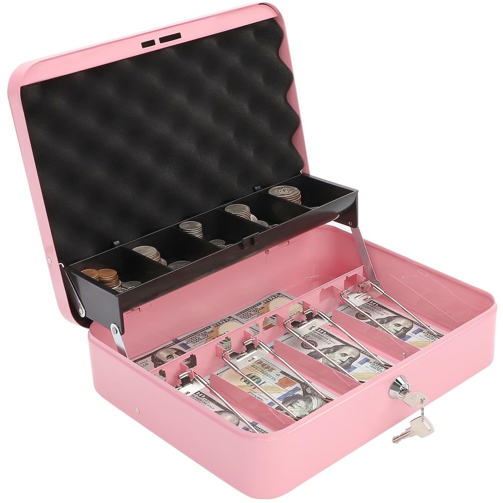 Pink XLarge Metal Cash Box Money Tray Key Lock Safe Organizer 11.8×9.5×3.5″