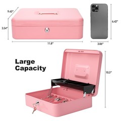 Pink XLarge Metal Cash Box Money Tray Key Lock Safe Organizer 11.8×9.5×3.5″