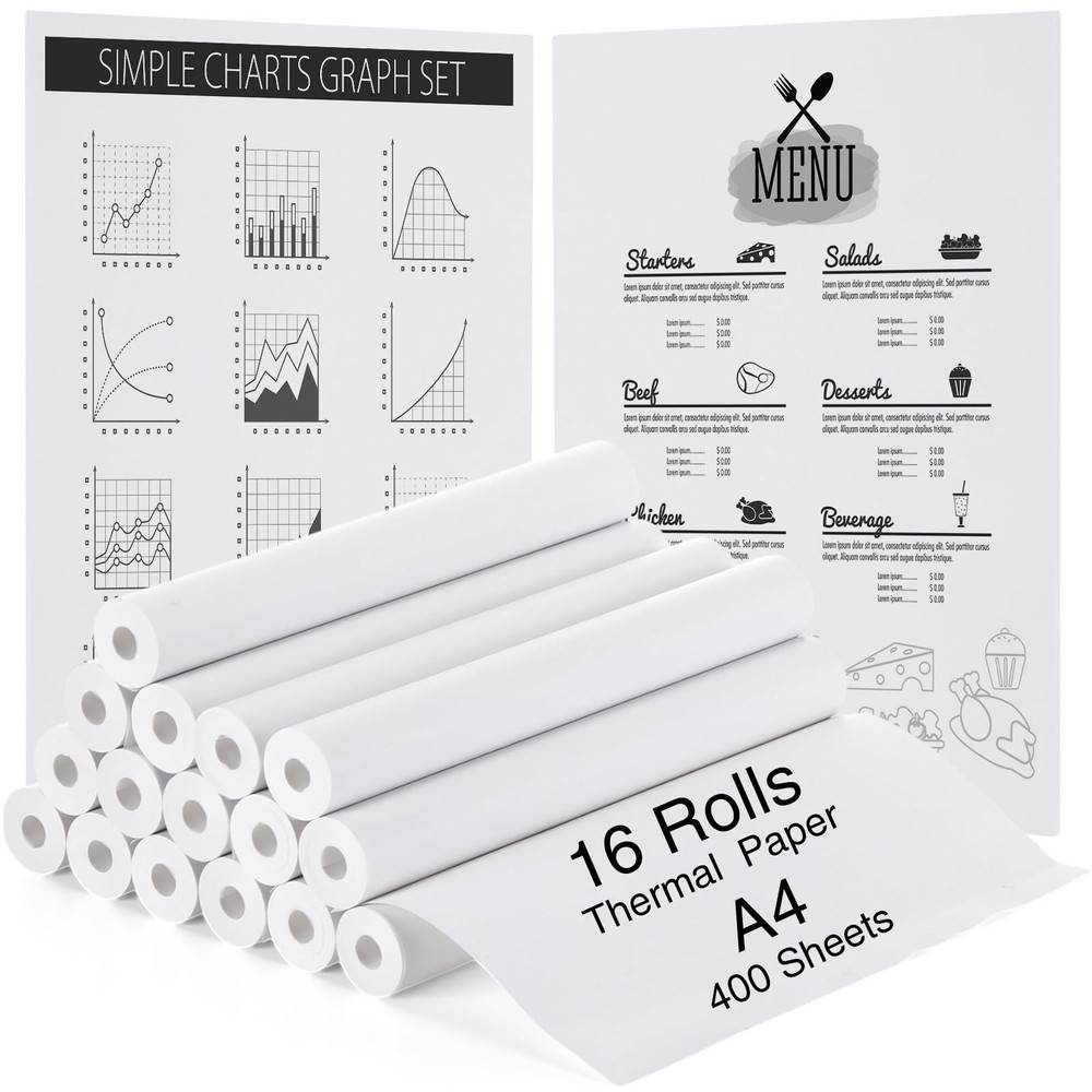 16 Rolls Thermal Paper A4 Printing, Quick Dry Inkless Printer 8.27x276in Kit