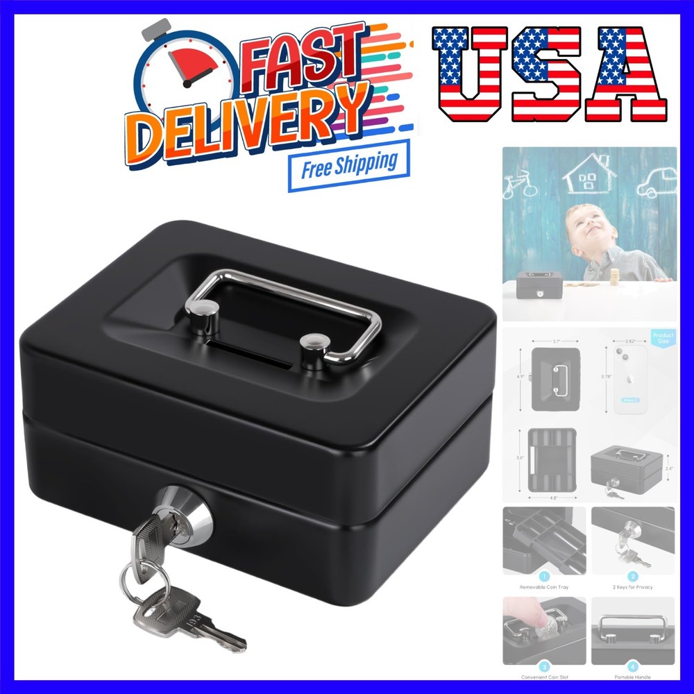 Mini Cash Box with Slot Small Cash Box with Money Tray and Key Lock, Metal Lo…