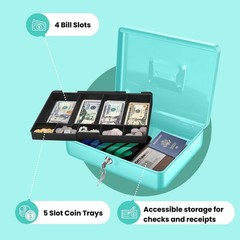 Blue Cash Box with Money Tray, 2 Keys, Lock Box w/ Removable 9 Compartment