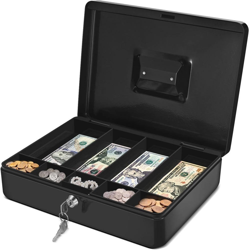 Cash Box with Money Tray and Lock – Metal Cash Box for Small Businesses, 9-Co…