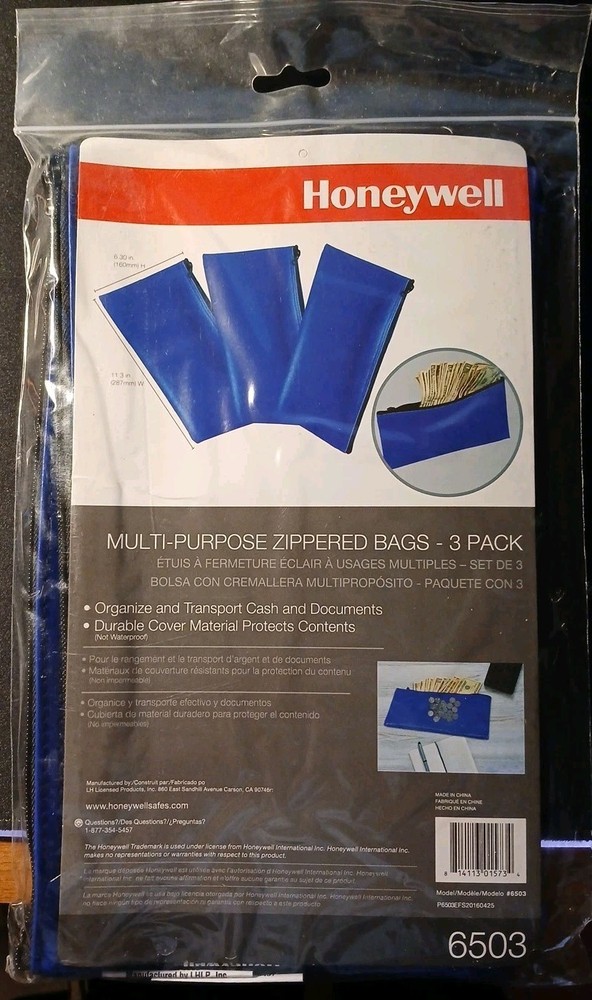 Honeywell 6503 Multipurpose Zipper Bank Deposit Money Bag Blue 11″ x 6″ 3-Pack