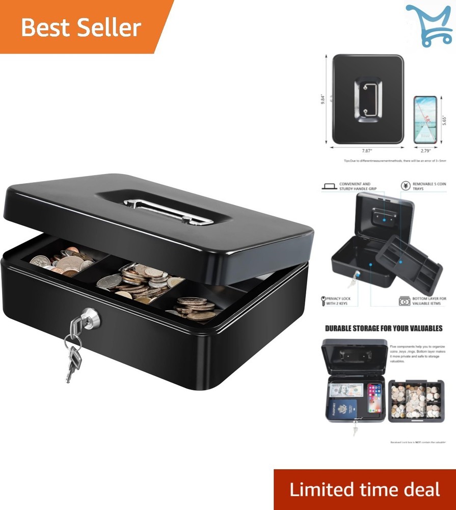 Large Metal Cash Box with Removable Tray Key Lock Portable Black Storage