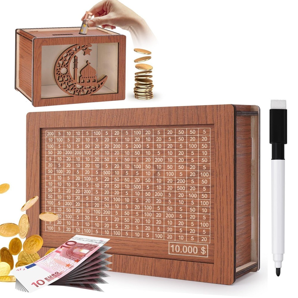 $10000 Cash Vault Wooden Savings Box,Wooden Savings Box with Money Target Numb
