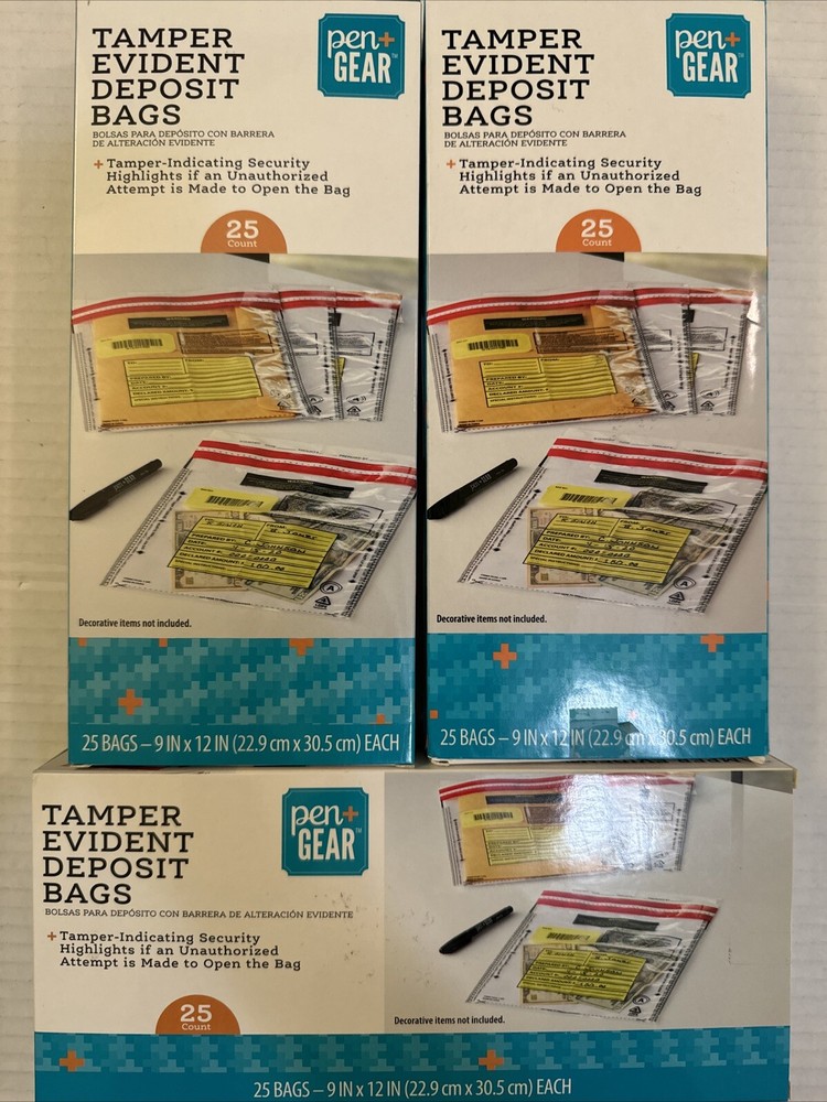 75 Tamper Evident Deposit Bags 9″ by 12″ 3 boxes of 25 NEW, Unopened, unused.