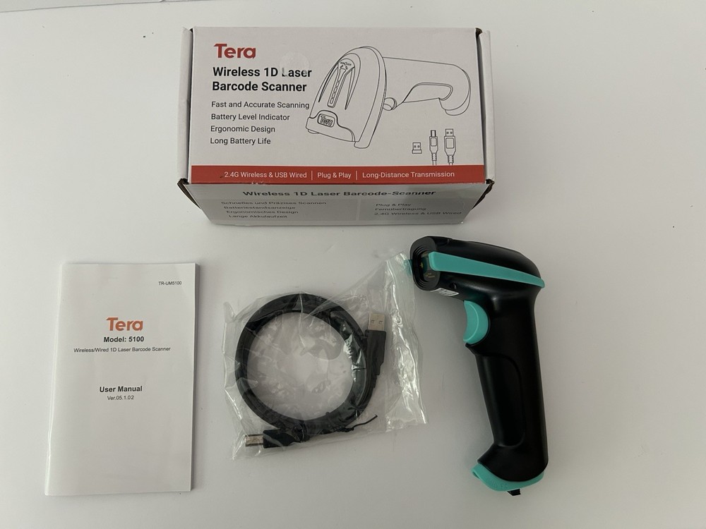 Tera 5100 Scanner -Wireless 1D Laser Barcode Scanner USB cable or Wireless – New