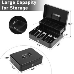 KYODOLED Cash Box with Key Lock–0.7mm Thick Metal Money XL-Key Lock, Black-1