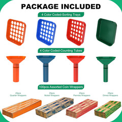 Coin Sorter Tray & Coin Sorter Tube – 4 Color Coded Coin Separator Trays and Coi