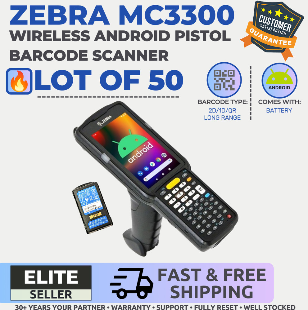✅LOT of 50 Zebra MC3300 Android Barcode Scanners Long Range, MC330K-GE4HG3US!🔥⭐