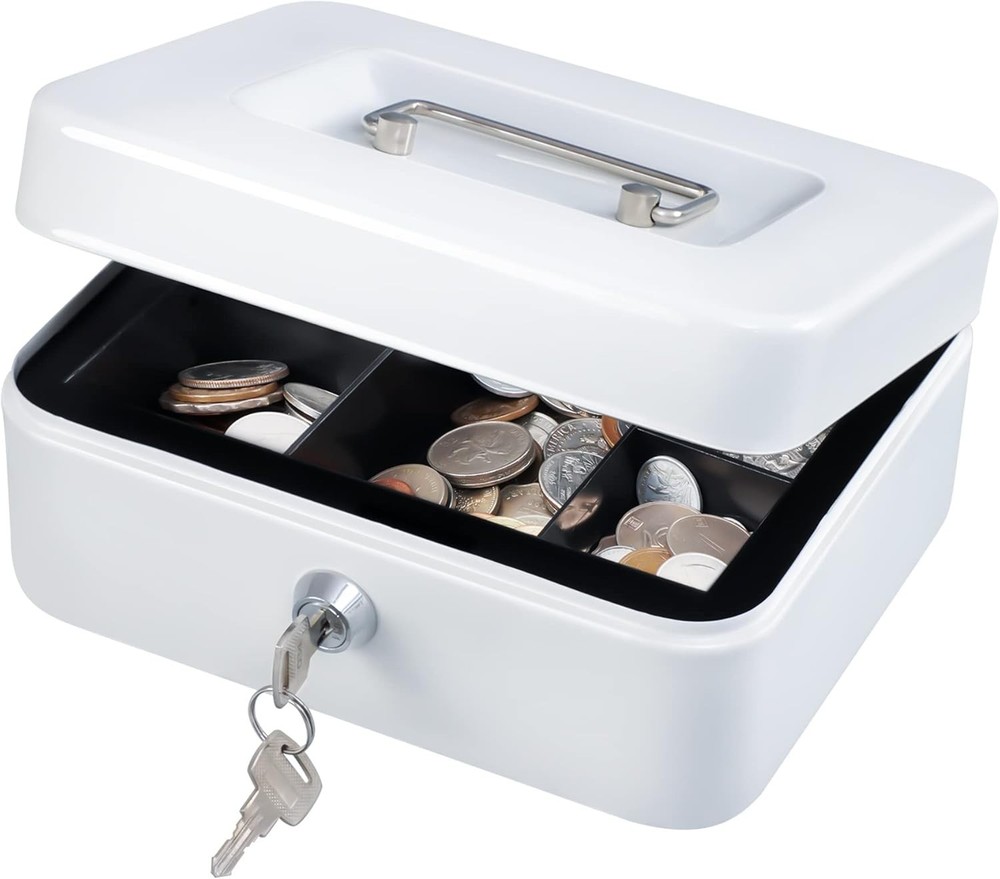 Medium Cash Box with Money Tray, Locking Safe with Keys, 7.87×6.30×3.54 Inches