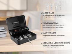 XL Large Cash Box With Money Tray Key Lock 11.8×9.45×3.54 In Black Metal