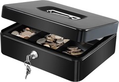 Large Metal Cash Box with Removable Tray Key Lock Portable Black Storage