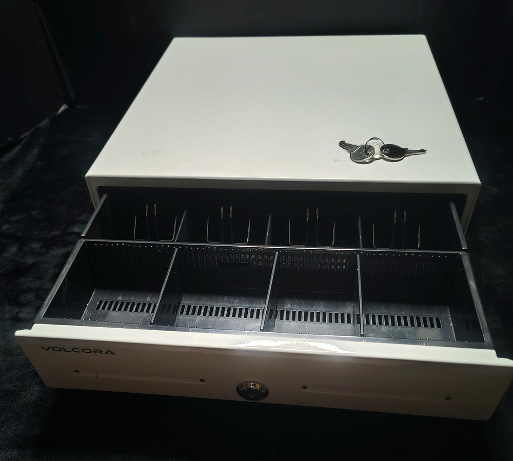 Volcora 500018 White Electronic Cash Register Drawer Open Box 2 Keys No Cables