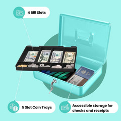 Cash Box with Money Tray and Lock – Metal Cash Box for Small Businesses, 9-Compa