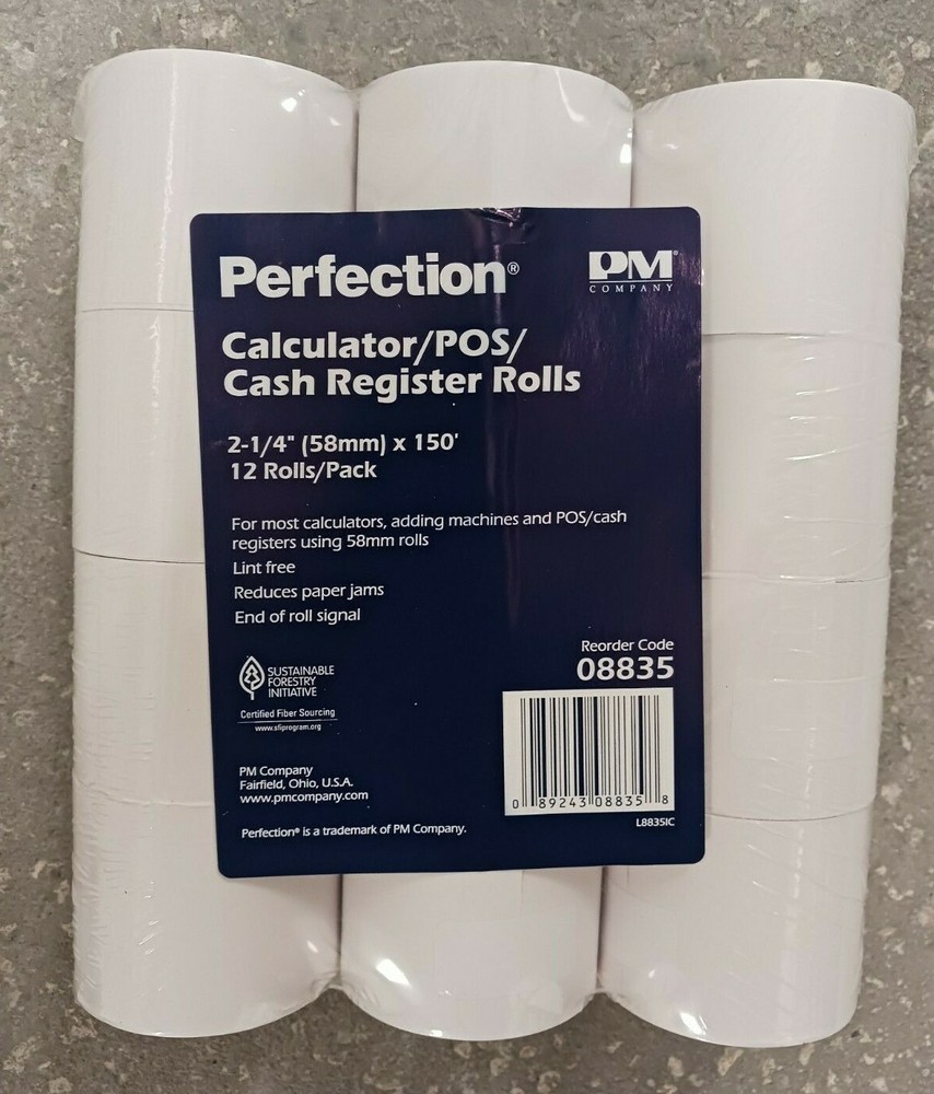 PM Company Perfection 08835 POS/Calculator Rolls, 2.25 In., x 150 Ft, 12/Pack