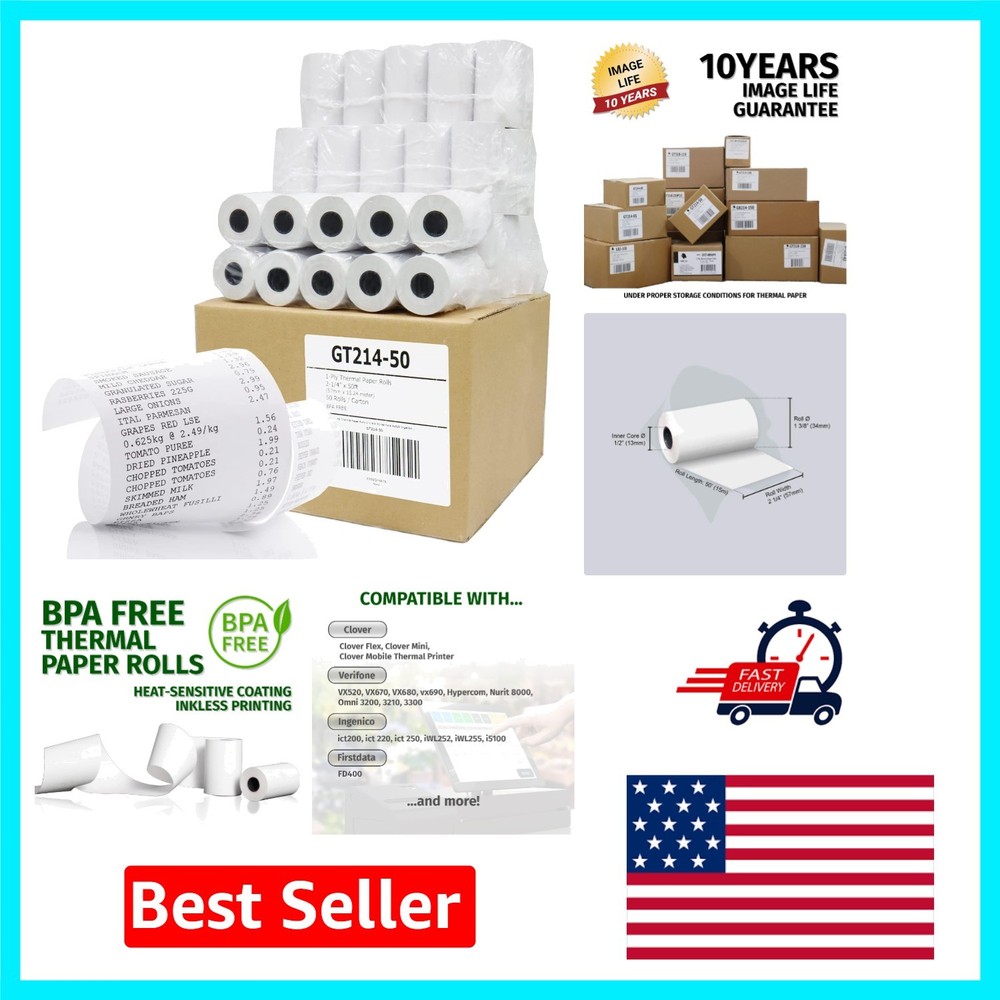 BPA-Free Thermal Paper Rolls 2-1/4″ x 50′ – 50 Rolls, Inkless Printing