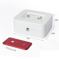 White Small Metal Cash Money Box Tray Lock Safe Storage 7.87×6.3×3.54 Inch