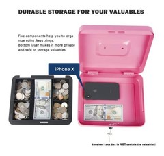 Pink Cash Safe Box with Money Tray and Key Lock