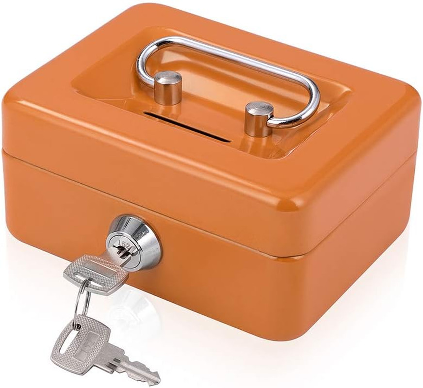 Compact Cash Box with Key Lock and Tray for Gamblers – Orange 4.9″ x 3.7″ x 2.4