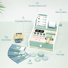 Wooden Cash Register Toy Set for Kids, Pretend Play Grocery Store Learning Gift