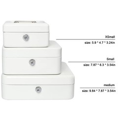 White Small Metal Cash Money Box Tray Lock Safe Storage 7.87×6.3×3.54 Inch