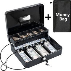 Portable Key Lock Cash Safe with Anti-Theft Cable – Black XL – 11.81in x 9.45in