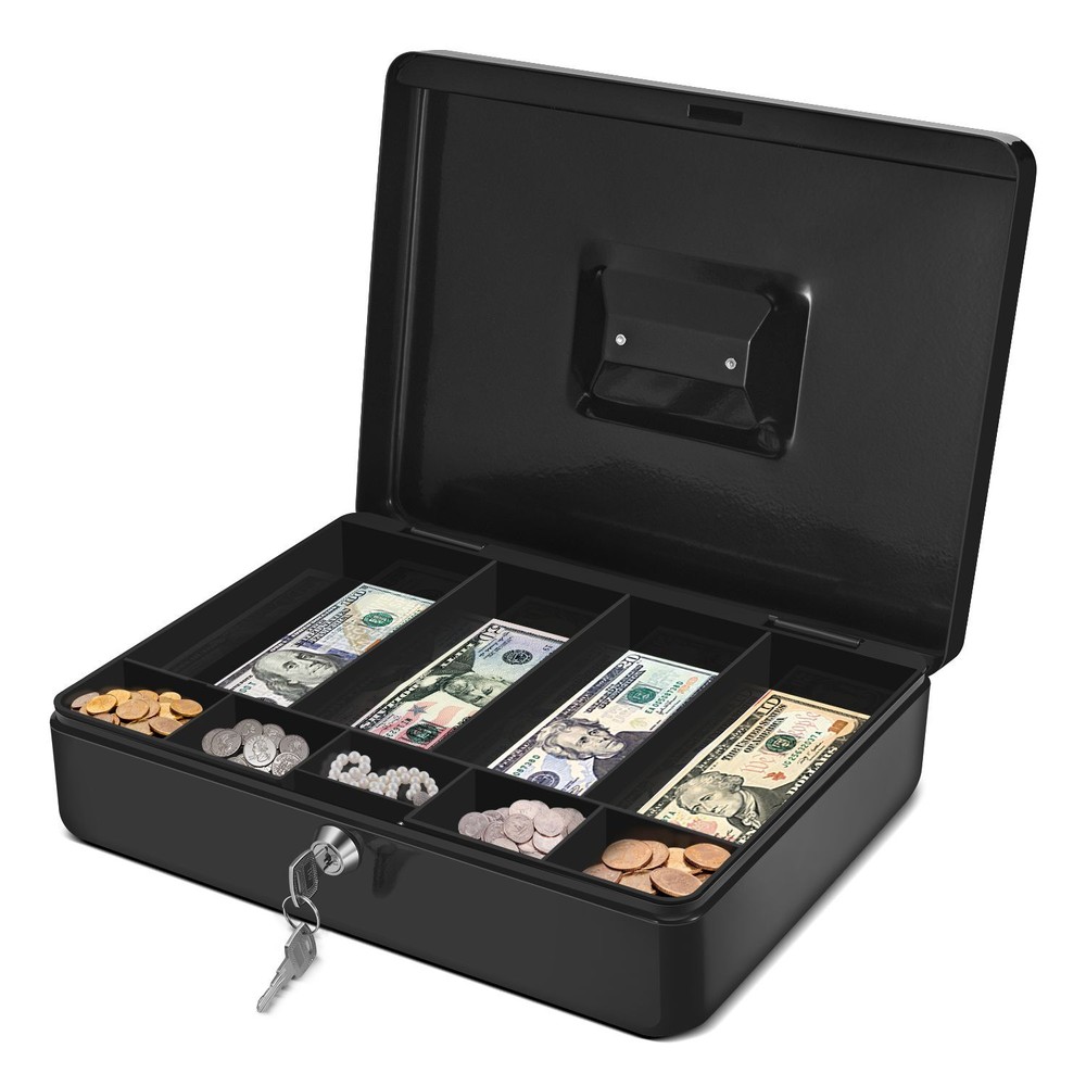 Cash Box with Money Tray, 2 Keys, Security Lock Box w/ Removable 9 Compartment