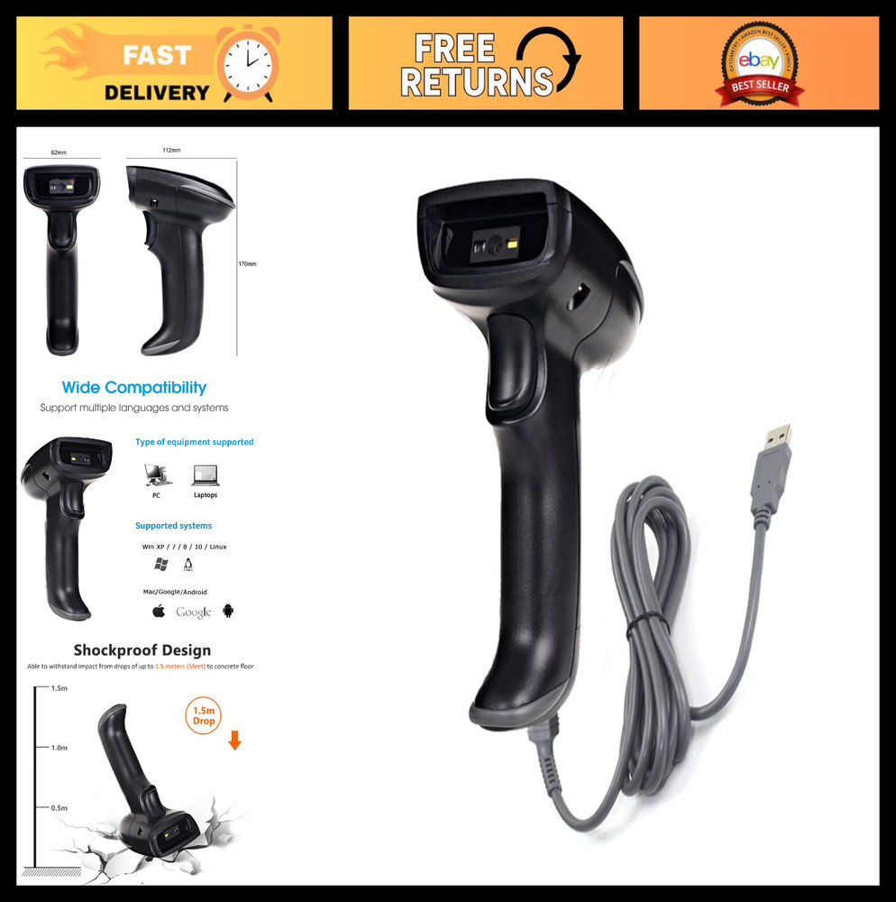 Wired Barcode Scanner Reader for Computers – USB Handheld QR PDF417 UPC EAN Gun