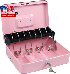 Pink Cash Box with Money Tray and Key Lock,Tiered,4 Bill /5 Coin Slots for girls