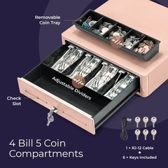 Cash Register Drawer for POS System – 13″ Round Corner, Removable Coin Tray, 4 B