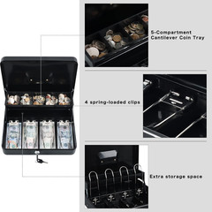 Cash Box with Money Tray and Key Lock 4 Bill 5 Coin Slots Black