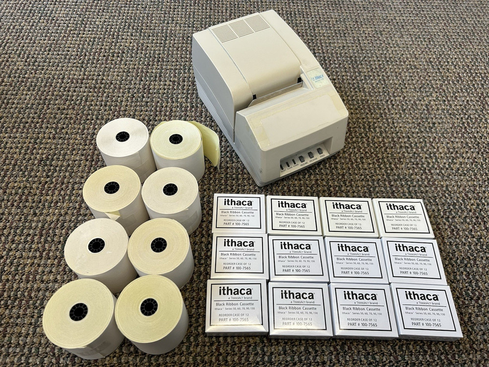 ITHACA 150 100-7565 Black Ribbons 50-90-150 Series Printers Lot of (12) + Paper