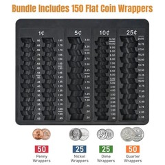 Black Coin Counter Tray with 150 Coin Wrappers – 5 Compartment Sorting Organizer