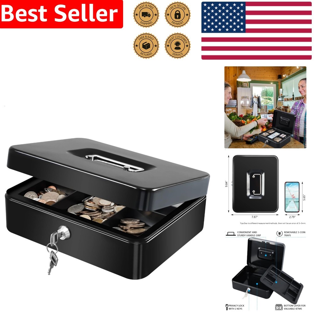 Petty Cash Box Key Lock Steel Secure Storage Portable Removable Coin Holder Tray