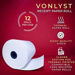 Vonlyst Thermal Receipt Paper Rolls 3 1/8″ x 230′ for Clover Station (12 rolls)