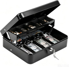 Cash Box with Key Lock, Metal Cash Drawer with Auto-Pop Coin Tray & Hidden Stora